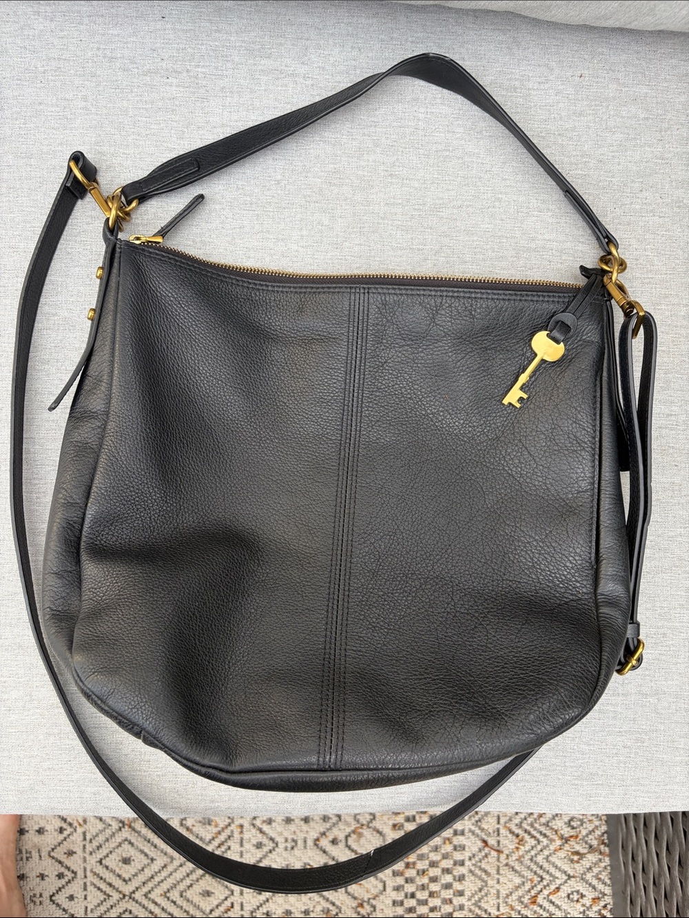 Fossil Black Leather Hobo with Gold Key Charm